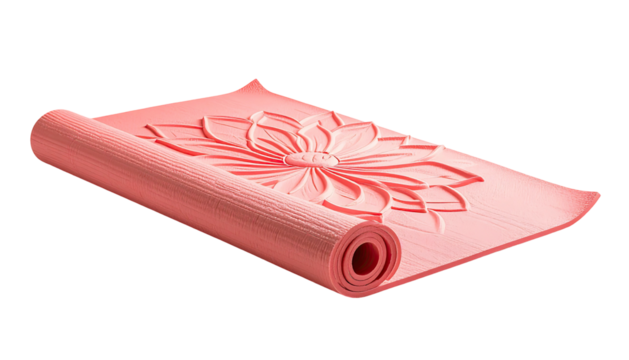 Rolled, pink yoga mat with stylized flower design on black background