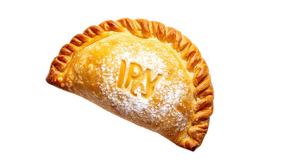 Golden pastry with embossed letters and dusted sugar