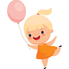 Joyful Blond Little Girl in Orange Dress Holding Pink Balloon Dancing with Transparent Background