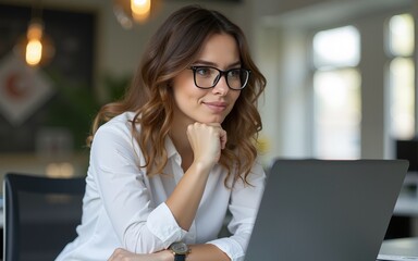 Young businesswoman thinking while using a laptop at work. High quality