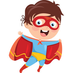 Joyful Boy Character Dressed As Superhero With Blue Suit Red Cape and Mask in Flight With Arms Spread Wide Against a Transparent Background