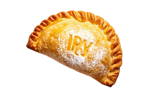 Golden pastry with embossed letters and dusted sugar