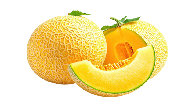 Two honeydew melons, one cut, against a dark background