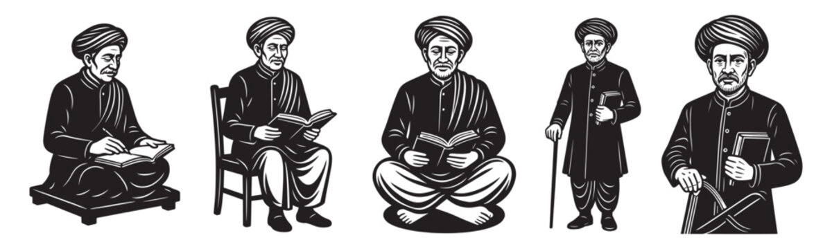 Black silhouette vector illustration of Mahatma Jyotiba Phule in traditional attire, reading, teaching, and standing poses, symbol of education and reform