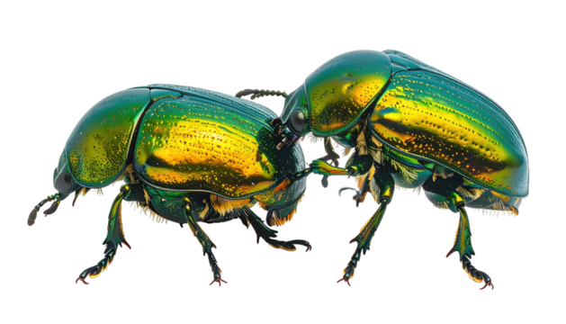 Iridescent green beetles face-to-face on a black backdrop