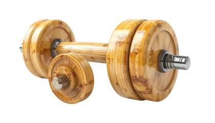 Bamboo dumbbell resting, exercise equipment against dark backdrop