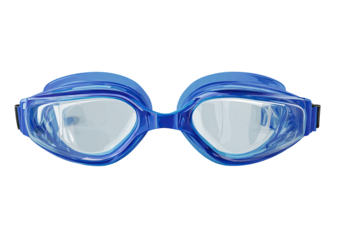 Close-up of a pair of blue swimming goggles with clear lenses, isolated on black background