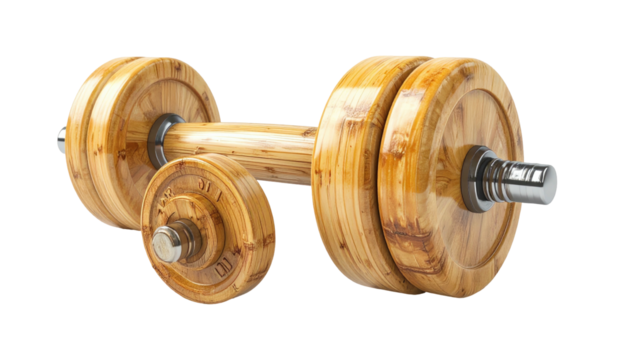 Bamboo dumbbell resting, exercise equipment against dark backdrop - Powered by Adobe