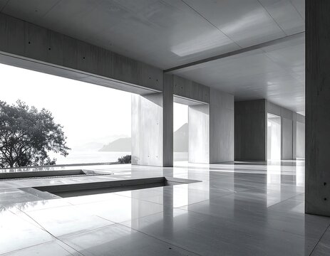 Modern architectural interior with open spaces, natural light, and serene views - Powered by Adobe