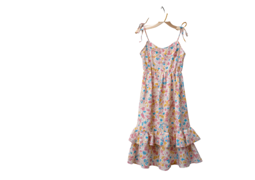 A light, floral-patterned sundress hangs on a wooden hanger against a stark black background