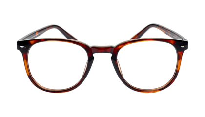 Tortoiseshell eyeglasses, front view, against a dark background