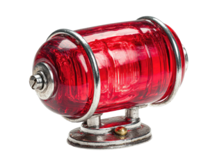Red glass cylindrical lamp with chrome bands and base, isolated on black