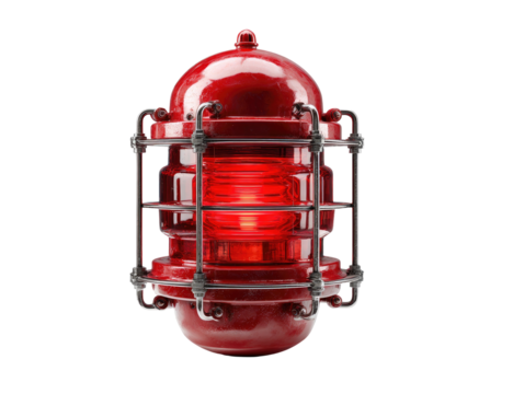 A close-up of a red industrial light, encased in a protective metal cage, set against black