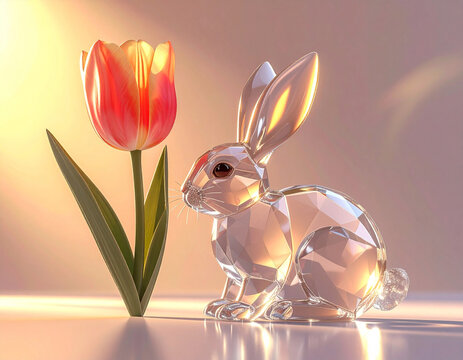 A sparkling crystal rabbit sits beside a tulip glowing under soft golden light, creating a dreamy and elegant scene. This unique artwork shows gentle beauty by AI.