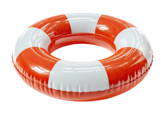A vibrant inflatable life preserver, ring-shaped with alternating red and white segments, isolated
