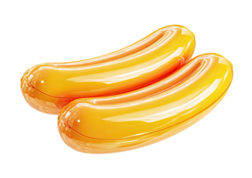 Two shiny, oblong, amber-colored objects, overlapping, with bright highlights, on a black background