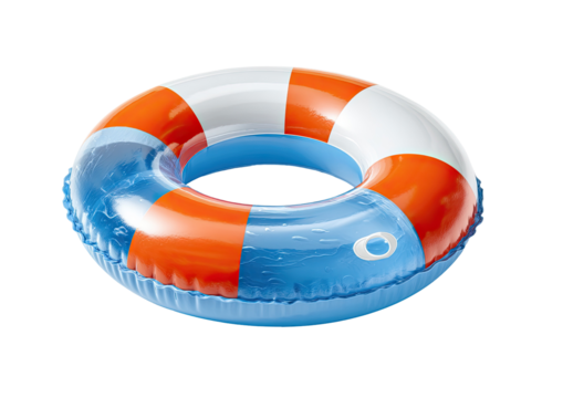 Inflatable, striped, colorful flotation device, used for swimming and water activities, isolated