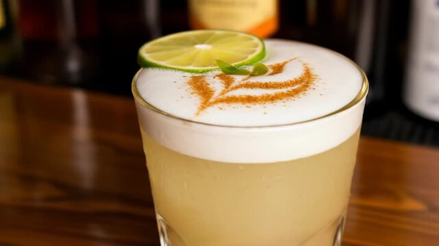A close-up of a cocktail with lime and foam, decorated with spices and herb leaves