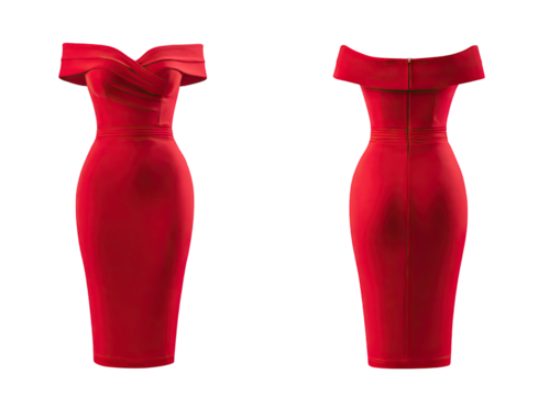 Front and back views of a red, off-the-shoulder, figure-hugging dress with a knee-length hem