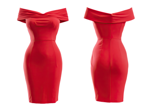 A vibrant red, off-the-shoulder dress, rendered in front and back views against a black background