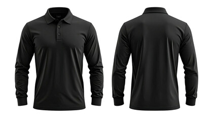 Black long-sleeve polo shirt, front & back views on dark background