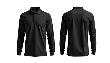 Two angles of a solid black long-sleeve polo shirt