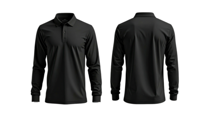 Two angles of a solid black long-sleeve polo shirt