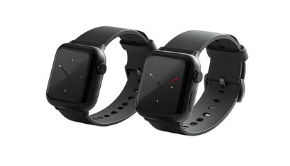 Two sleek black smartwatches on bands, minimal design