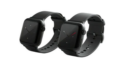 Two sleek black smartwatches on bands, minimal design