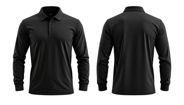 Black long-sleeve polo shirt, front & back views on dark background