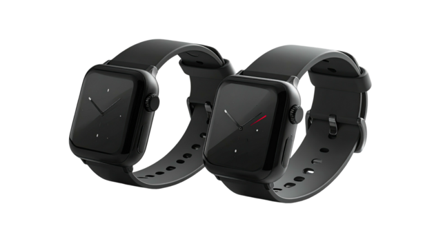 Two sleek black smartwatches on bands, minimal design