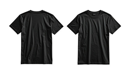 Two views of a plain black t-shirt on a solid background