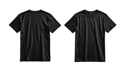 Two views of a plain black t-shirt on a solid background