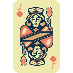 Jack of Diamonds Playing Card With Stylized King And Queen Figures On Cream Background With Pink Orange Accents And Subtle Diamond Shapes