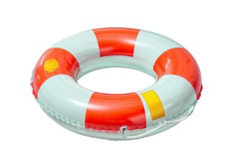 Close-up of a red and white striped life preserver floating against a black background