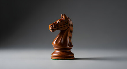 Wooden knight chess piece on a gray background in a studio setting