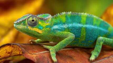 Obraz premium A bright lizard enjoys the warm sun while perched on fallen leaves showcasing its vivid colors.