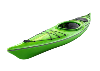 A sleek, bright green kayak on a black background, showing details of the deck and lines