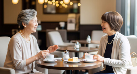 Senior Japanese Women Chatting Happily in a Cafe