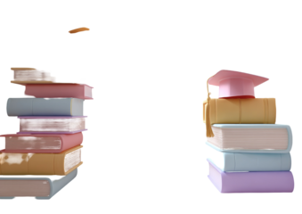 Two stacks of books, one with a mortarboard, against a black backdrop, with floating item