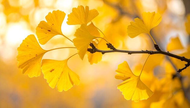 Close-up of vibrant yellow fan-shaped leaves on a branch, illuminated by sunlight, soft bokeh background