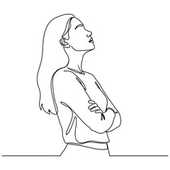 Fototapeta premium Minimalist line drawing of a confident woman looking upwards with arms crossed