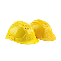 Fototapeta premium Two yellow safety helmets, one with vents, sit close together against a black background