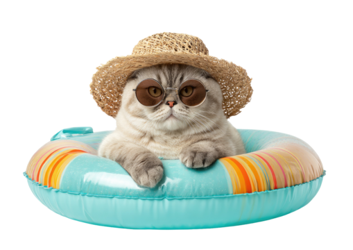 A Scottish Fold cat, sun-hatted & sunglassed, floats in a turquoise & orange striped pool tube