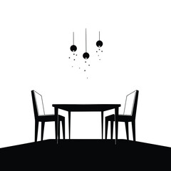 Minimalist silhouette of a dining table with two chairs and three hanging pendant lights above