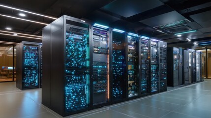 Rows of glowing servers create a high tech atmosphere in a sleek data center at night.