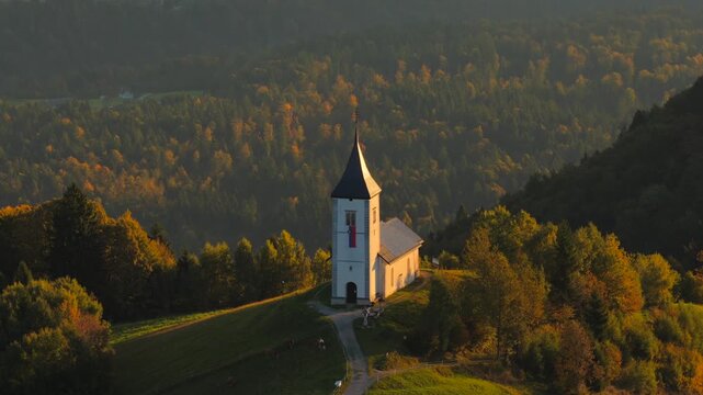 St. Primus Felician Church, Famous Jamnik, Mountainous Valley, Aerial Parallax