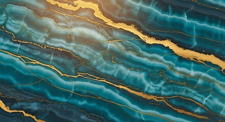 Luxurious abstract texture featuring deep teal and turquoise marble with striking, elegant gold veins