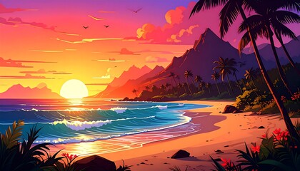 Vibrant sunset over a tropical beach with palm trees and gentle waves
