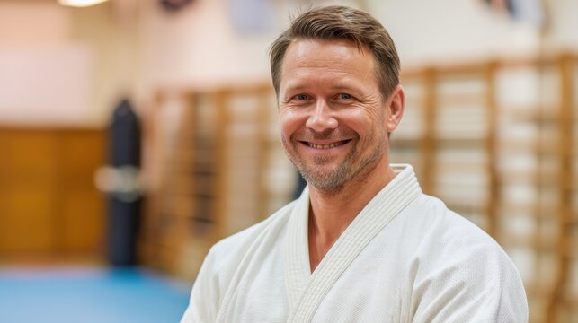 A joyful martial arts instructor stands proudly in a training space showcasing enthusiasm and dedication.
